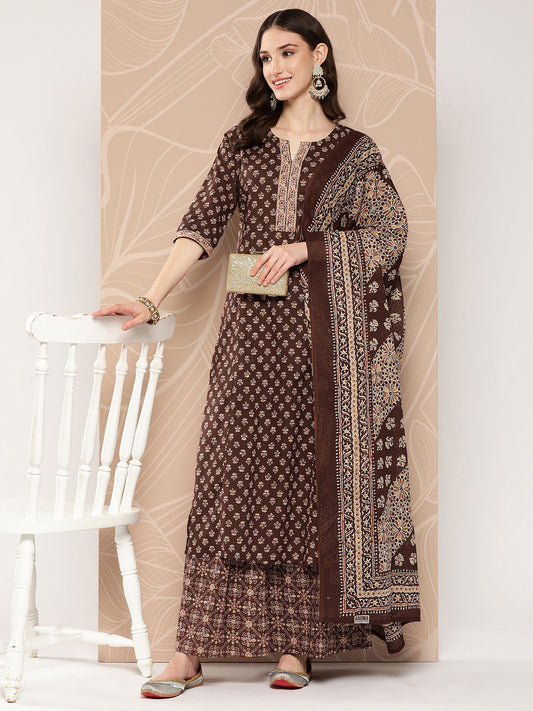 Women Brown Ethnic Printed Straight Kurta With Skirt And Dupatta | LASVINI - Redefining Indian Fashion with Elegance