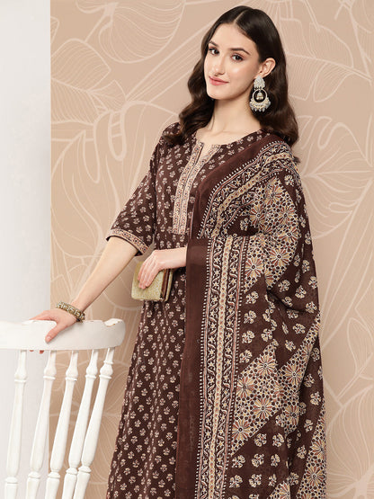 Women Brown Ethnic Printed Straight Kurta With Skirt And Dupatta | LASVINI - Redefining Indian Fashion with Elegance