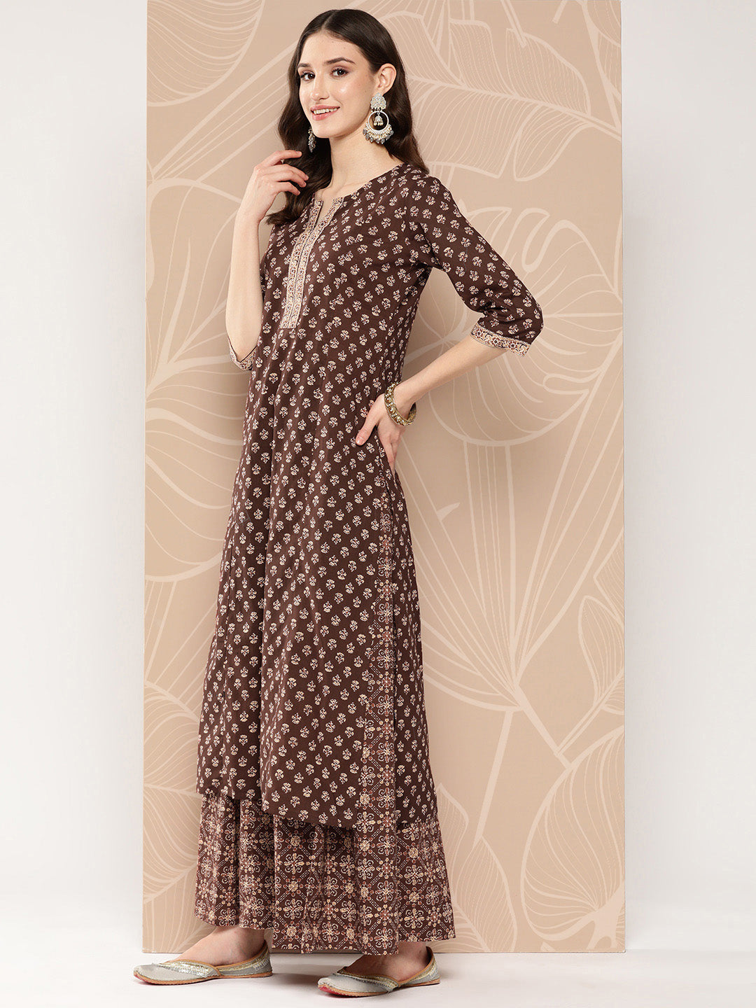 Women Brown Ethnic Printed Straight Kurta With Skirt And Dupatta | LASVINI - Redefining Indian Fashion with Elegance