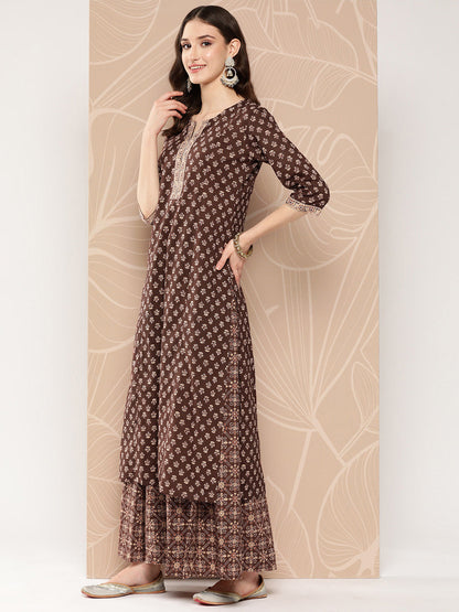 Women Brown Ethnic Printed Straight Kurta With Skirt And Dupatta | LASVINI - Redefining Indian Fashion with Elegance