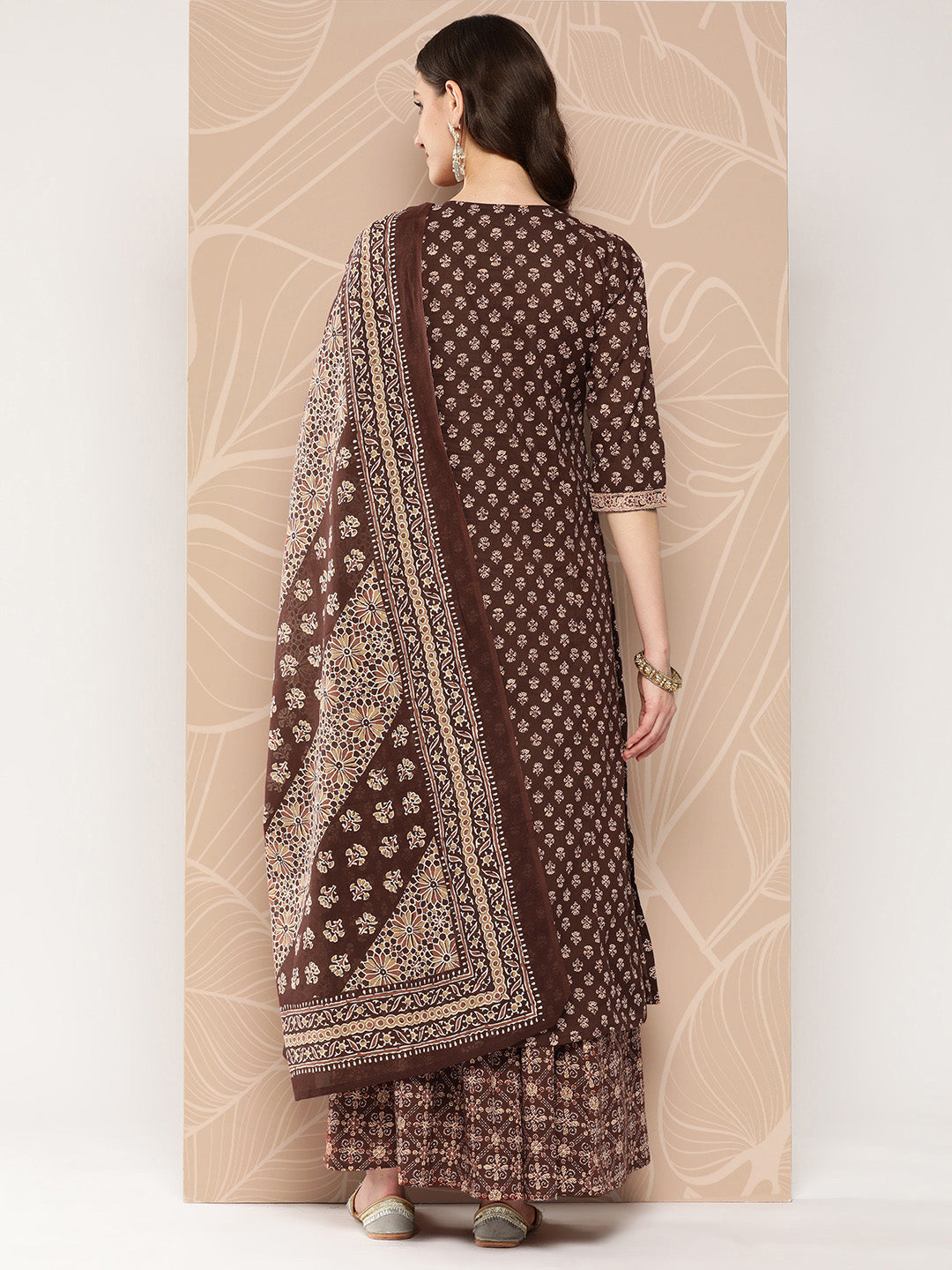 Women Brown Ethnic Printed Straight Kurta With Skirt And Dupatta | LASVINI - Redefining Indian Fashion with Elegance