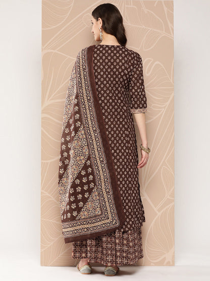 Women Brown Ethnic Printed Straight Kurta With Skirt And Dupatta | LASVINI - Redefining Indian Fashion with Elegance