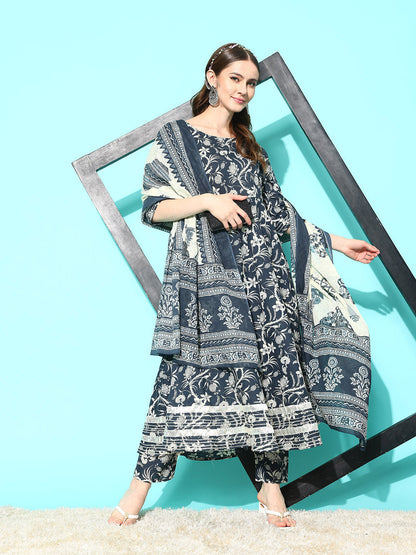 Women Grey Paisely Printed Anarkali Kurta With Trouser And Dupatta | LASVINI - Redefining Indian Fashion with Elegance