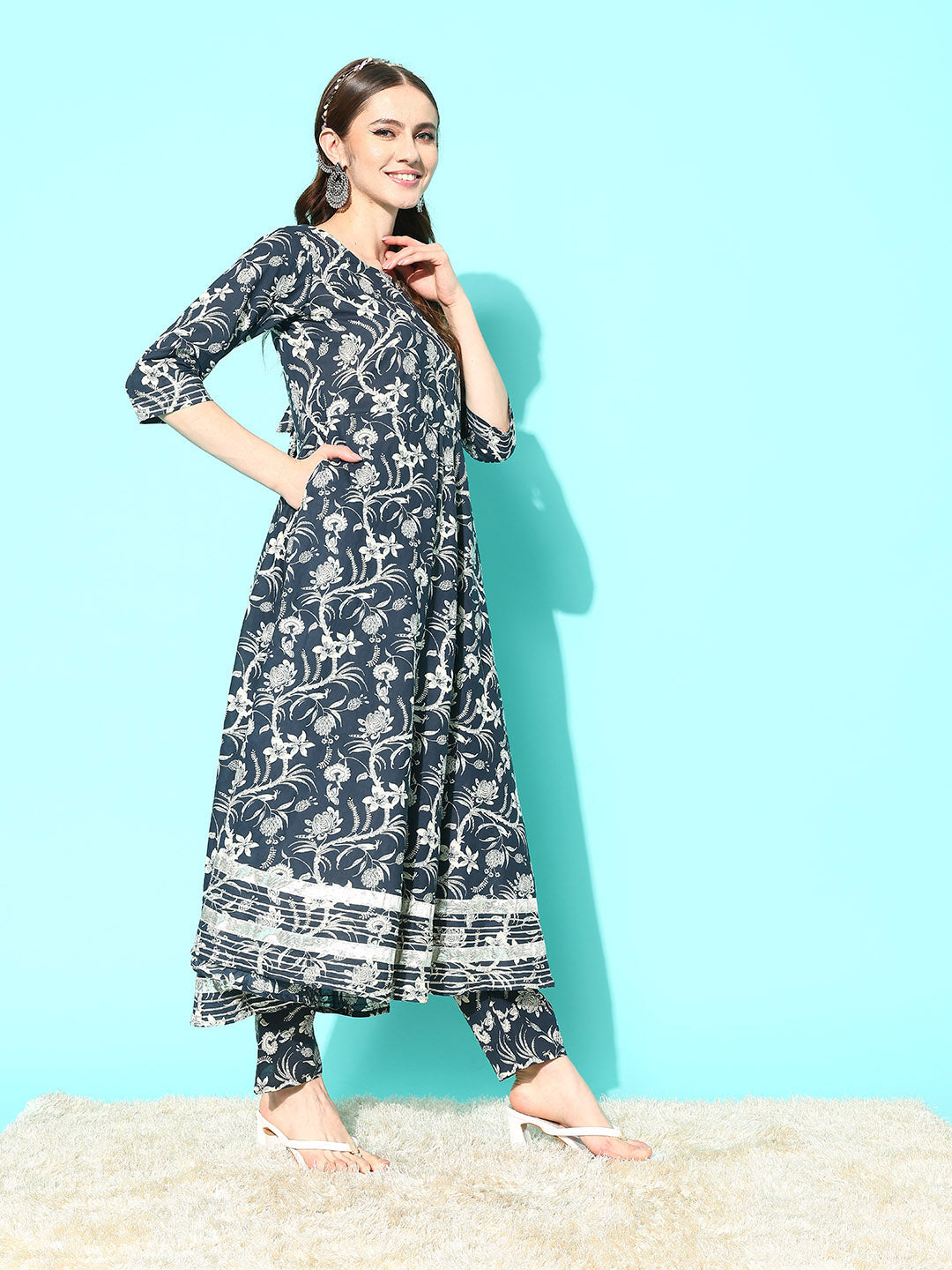 Women Grey Paisely Printed Anarkali Kurta With Trouser And Dupatta | LASVINI - Redefining Indian Fashion with Elegance