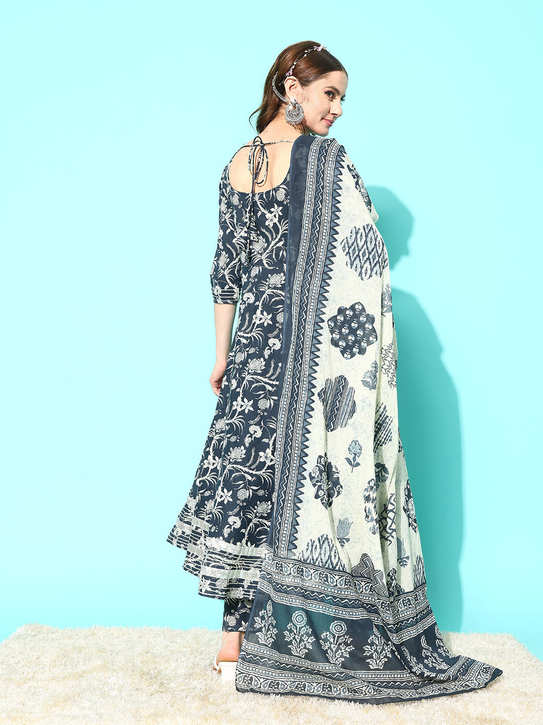 Women Grey Paisely Printed Anarkali Kurta With Trouser And Dupatta | LASVINI - Redefining Indian Fashion with Elegance