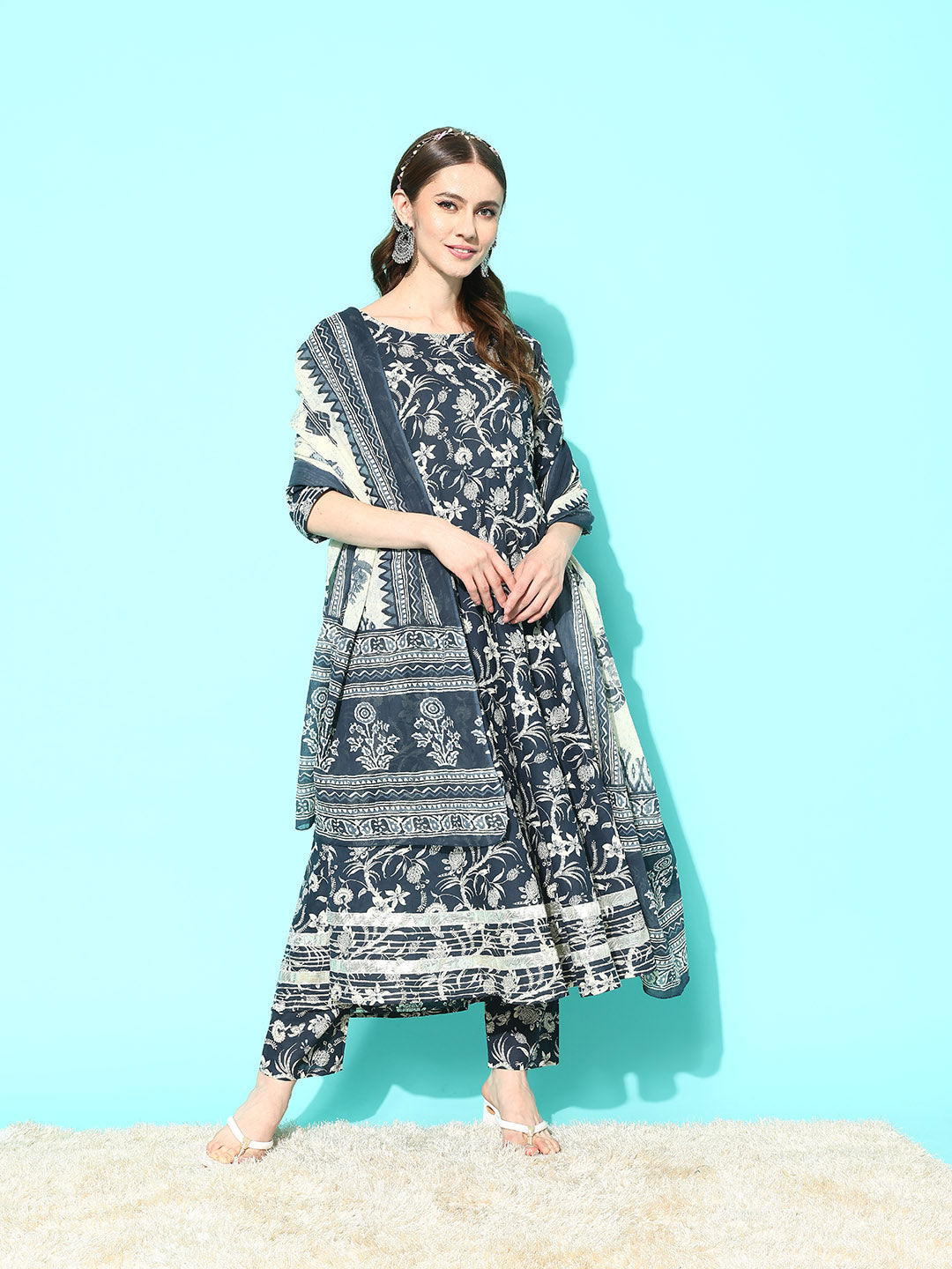 Women Grey Paisely Printed Anarkali Kurta With Trouser And Dupatta | LASVINI - Redefining Indian Fashion with Elegance
