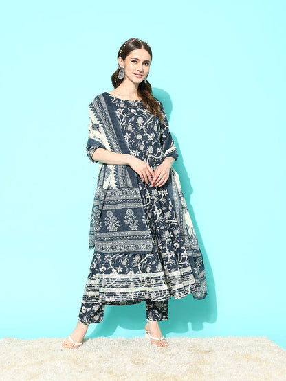Women Grey Paisely Printed Anarkali Kurta With Trouser And Dupatta | LASVINI - Redefining Indian Fashion with Elegance