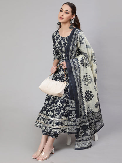 Women Grey Paisely Printed Anarkali Kurta With Trouser And Dupatta | LASVINI - Redefining Indian Fashion with Elegance