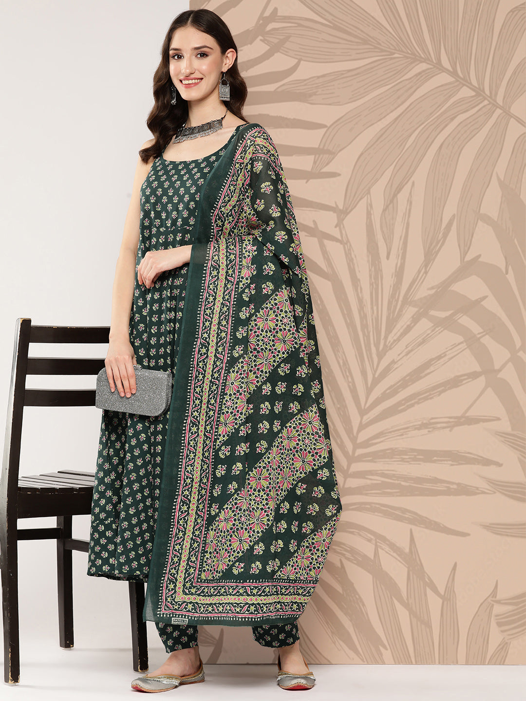 Women Green Ethnic Printed Anarkali Kurta With Trouser And Dupatta | LASVINI - Redefining Indian Fashion with Elegance