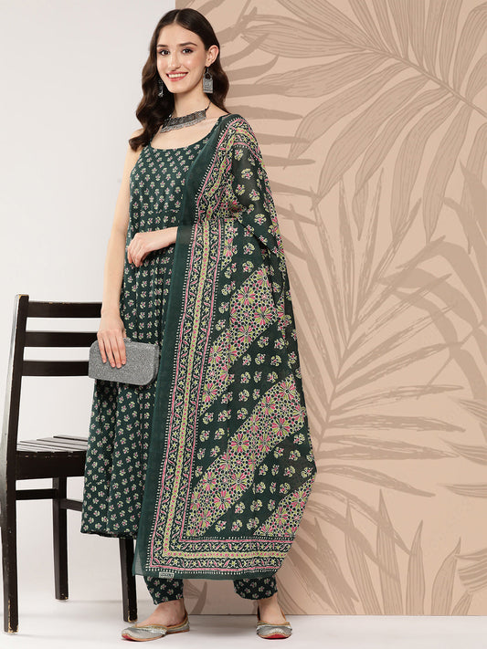 Women Green Ethnic Printed Anarkali Kurta With Trouser And Dupatta | LASVINI - Redefining Indian Fashion with Elegance