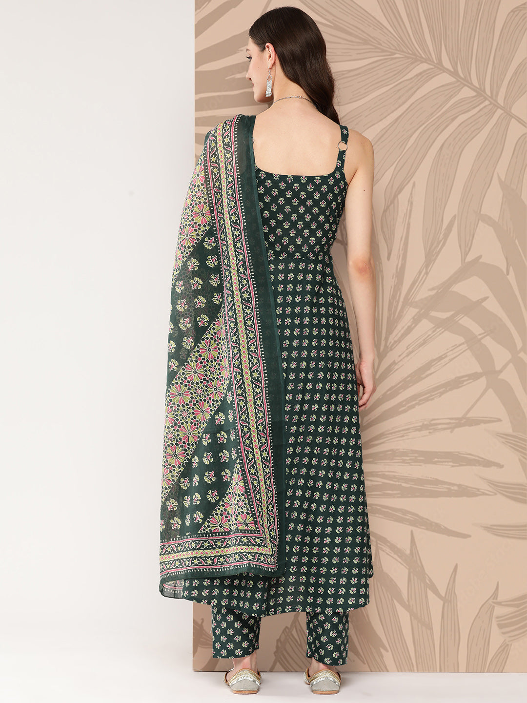 Women Green Ethnic Printed Anarkali Kurta With Trouser And Dupatta | LASVINI - Redefining Indian Fashion with Elegance