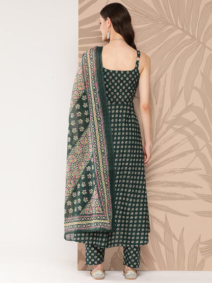 Women Green Ethnic Printed Anarkali Kurta With Trouser And Dupatta | LASVINI - Redefining Indian Fashion with Elegance