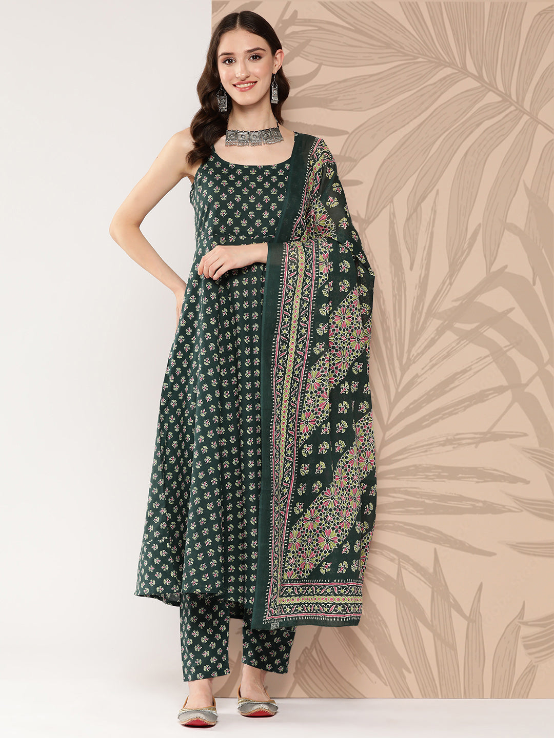 Women Green Ethnic Printed Anarkali Kurta With Trouser And Dupatta | LASVINI - Redefining Indian Fashion with Elegance