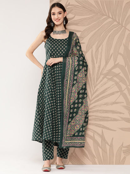 Women Green Ethnic Printed Anarkali Kurta With Trouser And Dupatta | LASVINI - Redefining Indian Fashion with Elegance