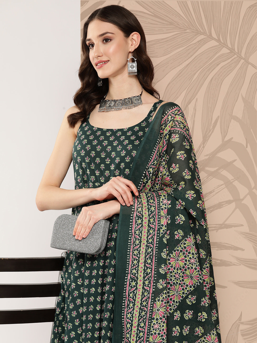 Women Green Ethnic Printed Anarkali Kurta With Trouser And Dupatta | LASVINI - Redefining Indian Fashion with Elegance