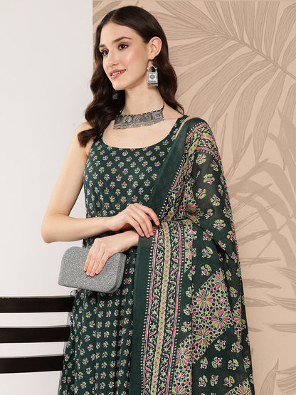 Women Green Ethnic Printed Anarkali Kurta With Trouser And Dupatta | LASVINI - Redefining Indian Fashion with Elegance