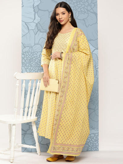 Women Yellow Printed Anarkali Kurta With Trouser And Dupatta | LASVINI - Redefining Indian Fashion with Elegance