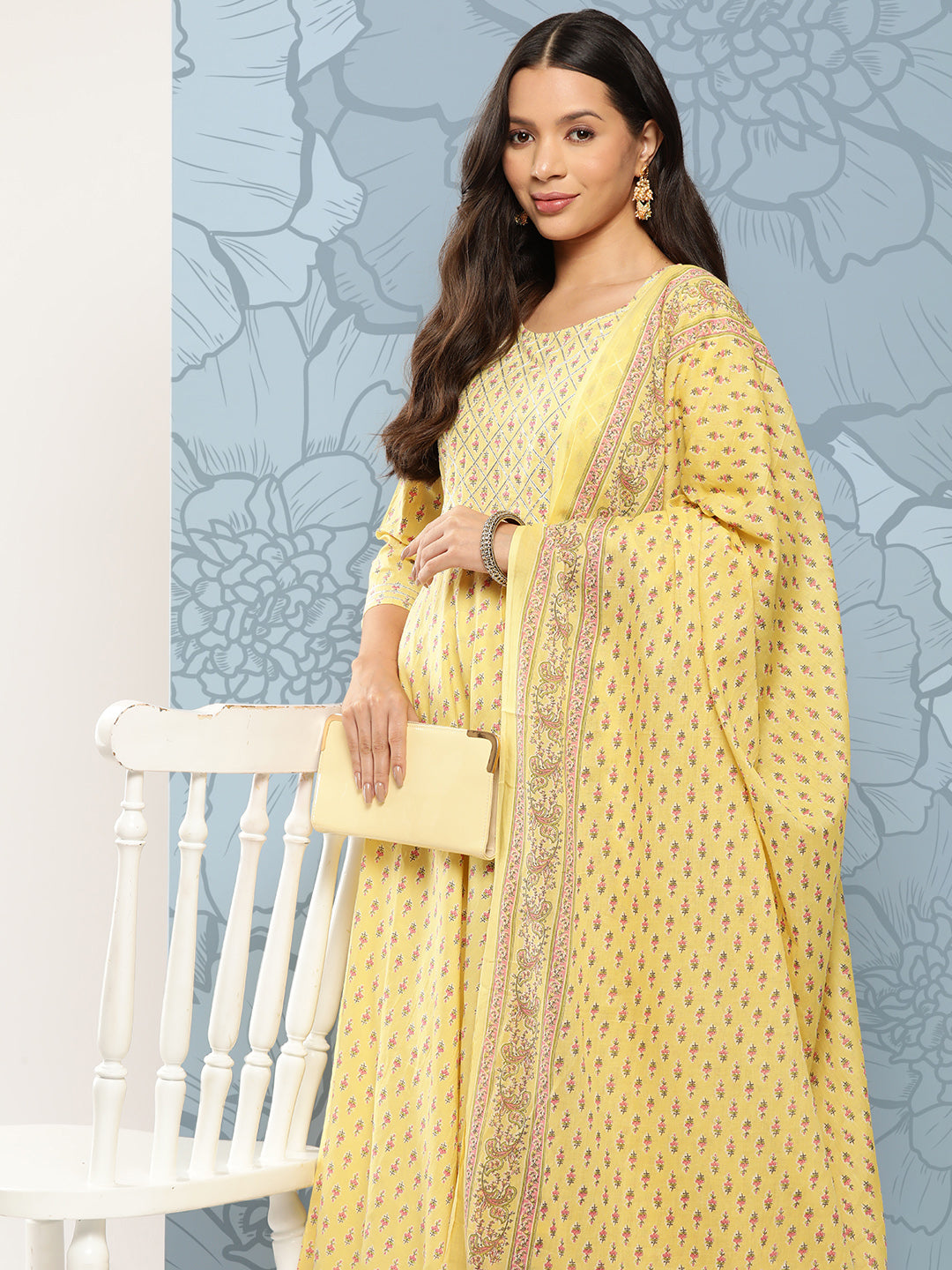Women Yellow Printed Anarkali Kurta With Trouser And Dupatta | LASVINI - Redefining Indian Fashion with Elegance