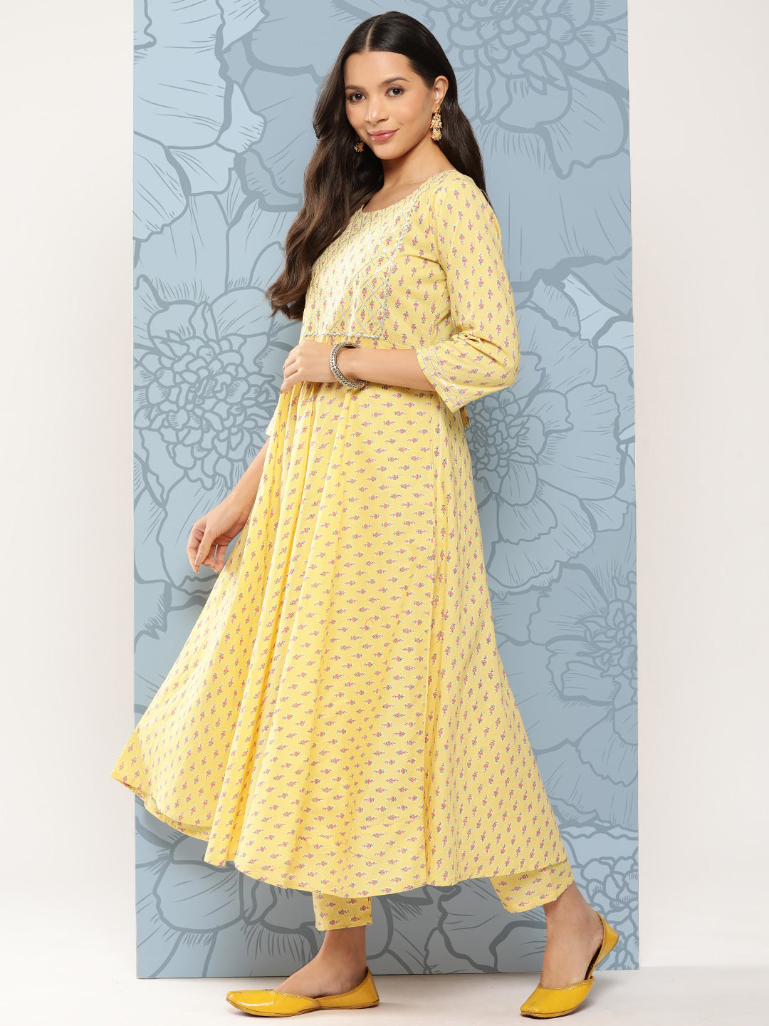 Women Yellow Printed Anarkali Kurta With Trouser And Dupatta | LASVINI - Redefining Indian Fashion with Elegance