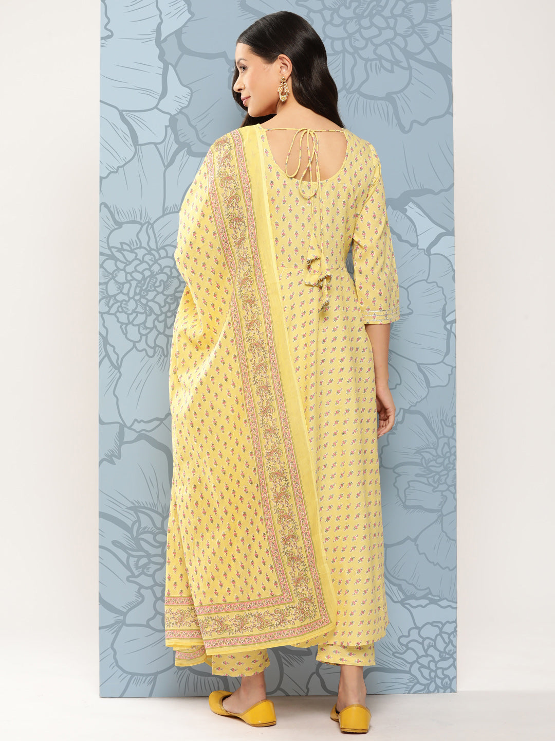 Women Yellow Printed Anarkali Kurta With Trouser And Dupatta | LASVINI - Redefining Indian Fashion with Elegance