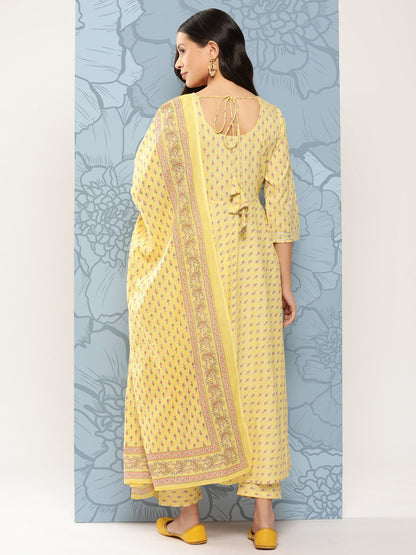 Women Yellow Printed Anarkali Kurta With Trouser And Dupatta | LASVINI - Redefining Indian Fashion with Elegance