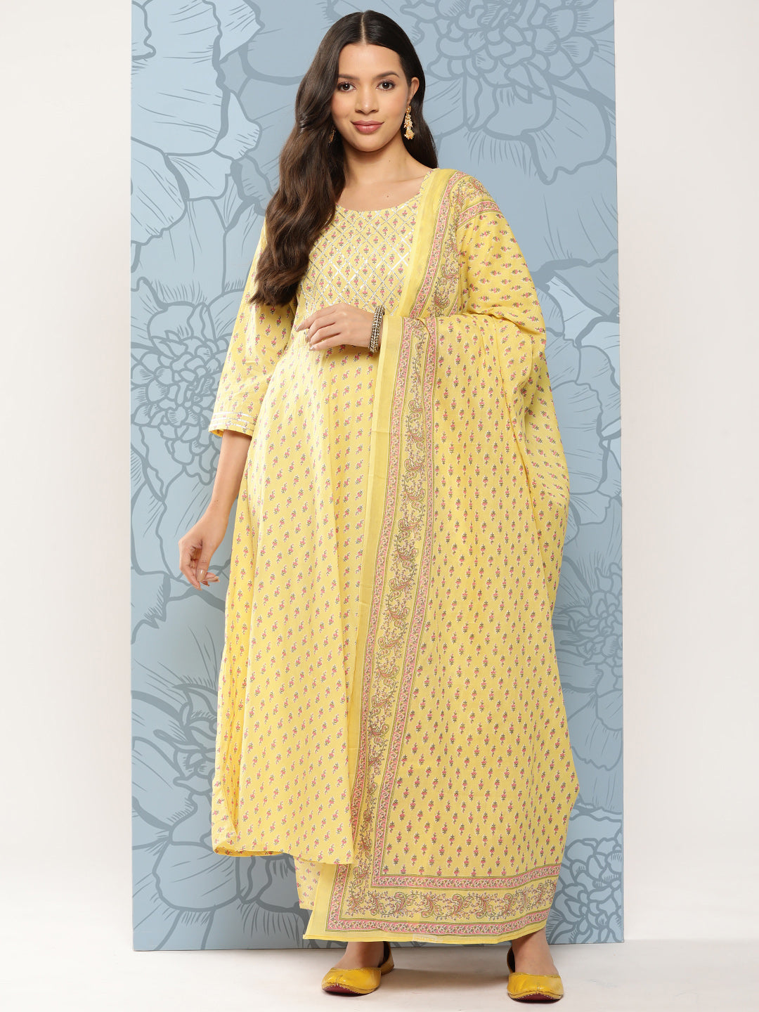 Women Yellow Printed Anarkali Kurta With Trouser And Dupatta | LASVINI - Redefining Indian Fashion with Elegance
