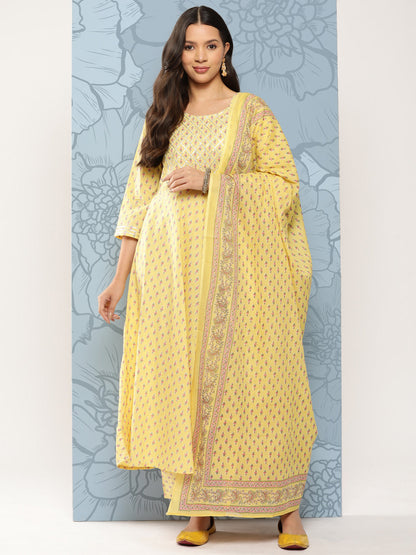 Women Yellow Printed Anarkali Kurta With Trouser And Dupatta | LASVINI - Redefining Indian Fashion with Elegance