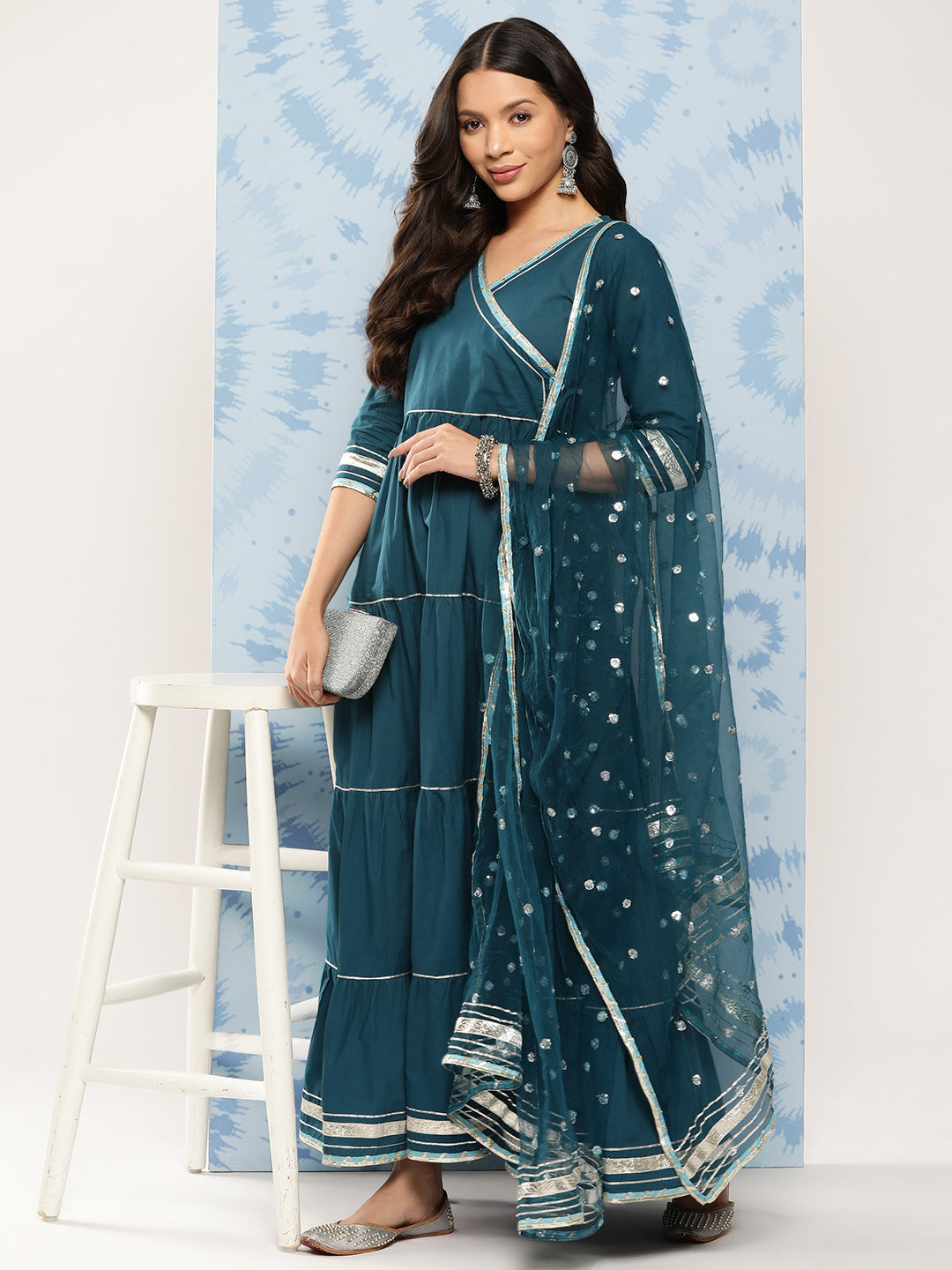 Women Teal Blue Flared Dress With Net Sequence Dupatta | LASVINI - Redefining Indian Fashion with Elegance