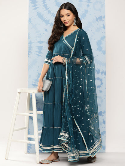 Women Teal Blue Flared Dress With Net Sequence Dupatta | LASVINI - Redefining Indian Fashion with Elegance