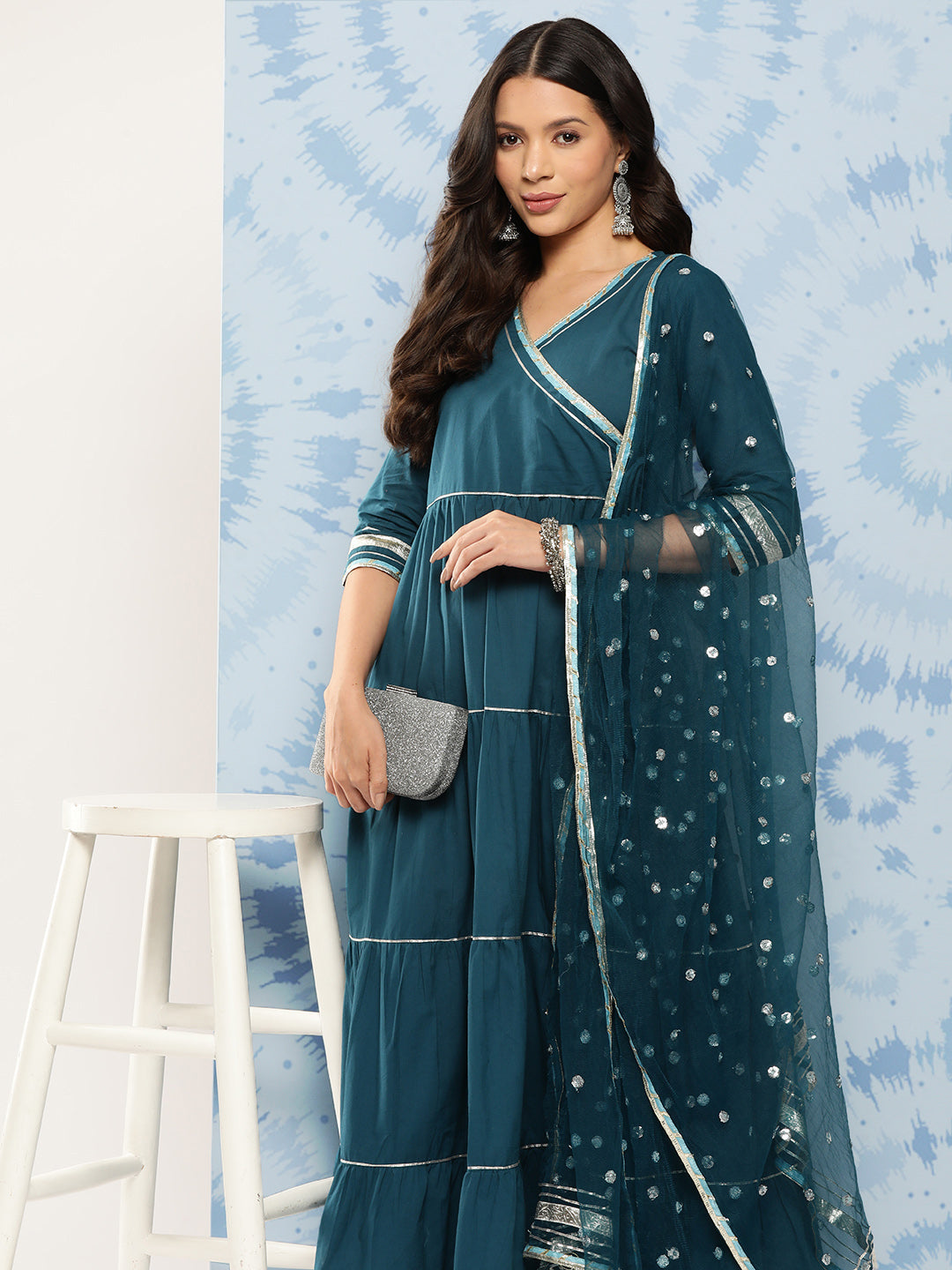 Women Teal Blue Flared Dress With Net Sequence Dupatta | LASVINI - Redefining Indian Fashion with Elegance