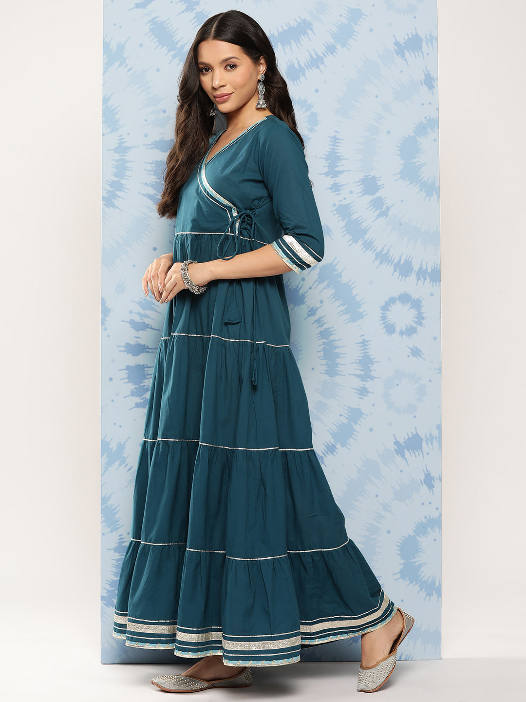 Women Teal Blue Flared Dress With Net Sequence Dupatta | LASVINI - Redefining Indian Fashion with Elegance