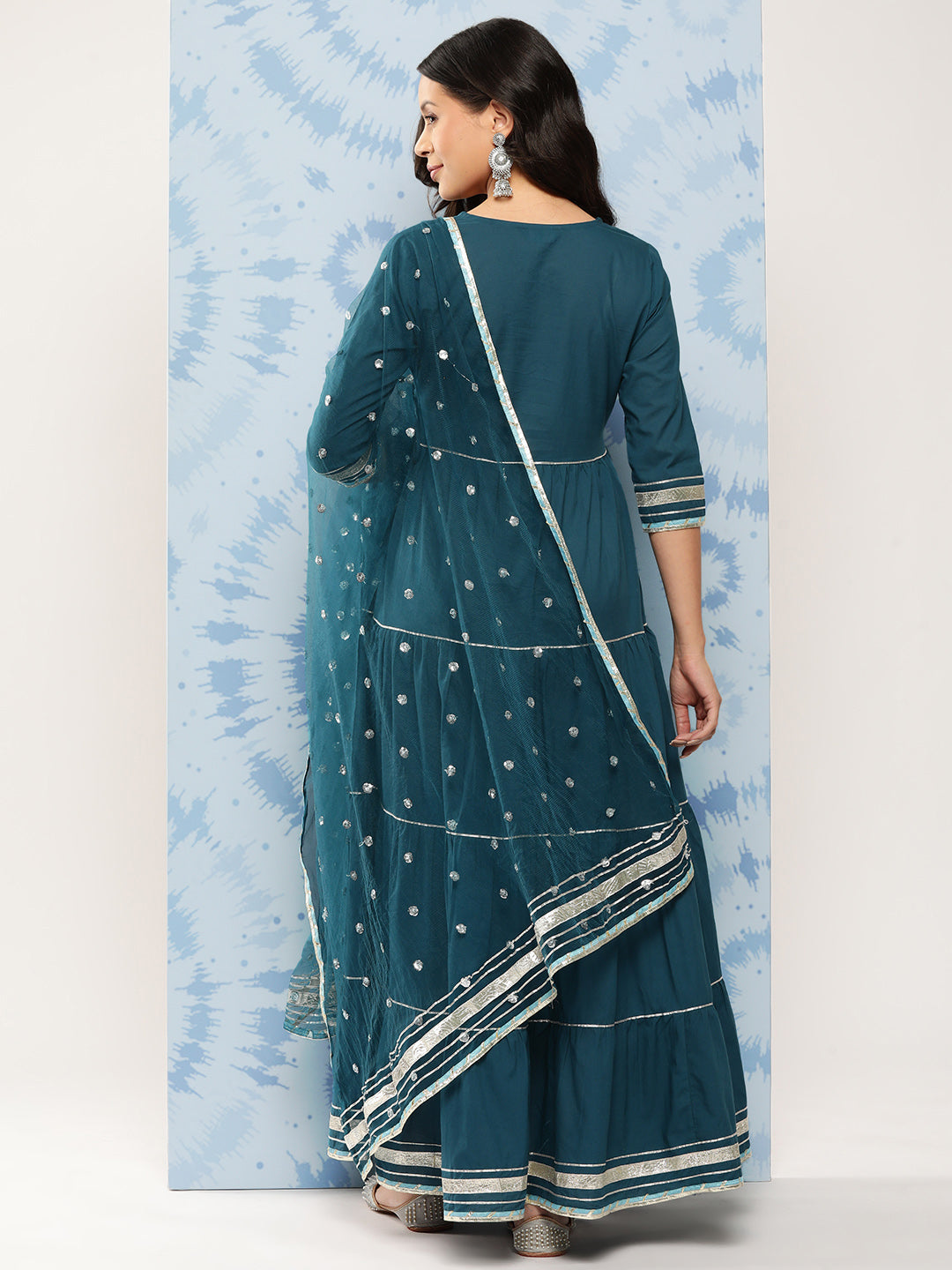 Women Teal Blue Flared Dress With Net Sequence Dupatta | LASVINI - Redefining Indian Fashion with Elegance