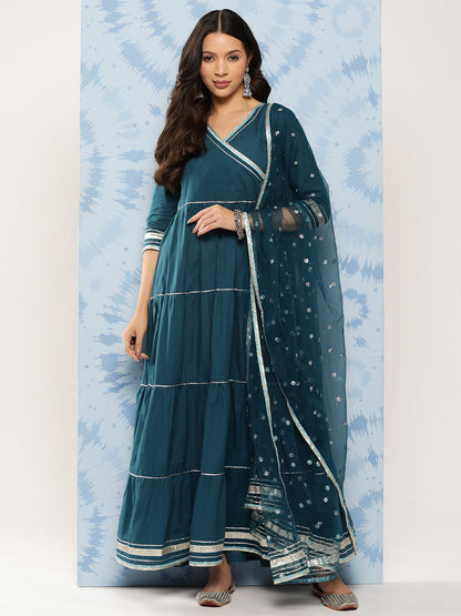 Women Teal Blue Flared Dress With Net Sequence Dupatta | LASVINI - Redefining Indian Fashion with Elegance