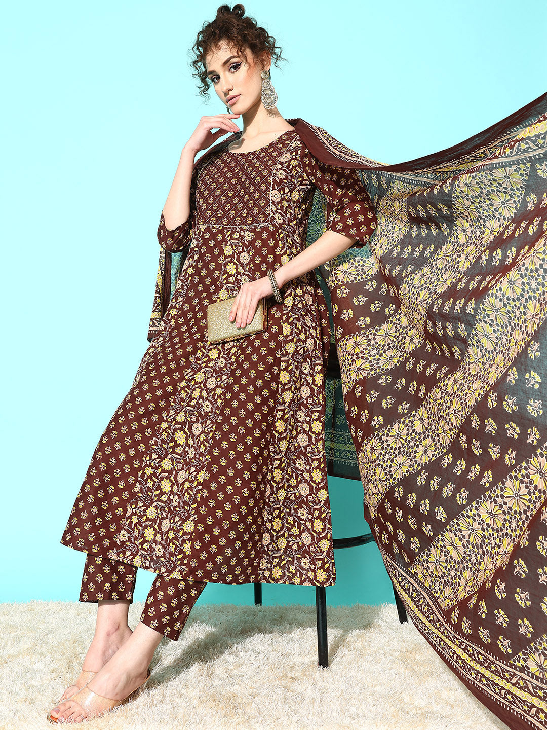 Women Brown Ethnic Printed Anarkali Kurta With Trouser And Dupatta | LASVINI - Redefining Indian Fashion with Elegance