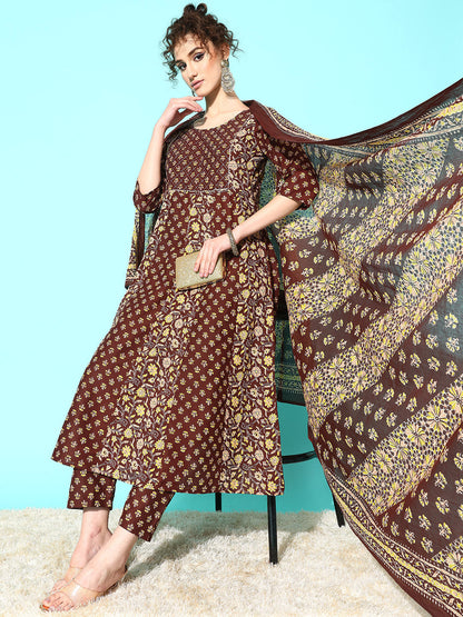 Women Brown Ethnic Printed Anarkali Kurta With Trouser And Dupatta | LASVINI - Redefining Indian Fashion with Elegance