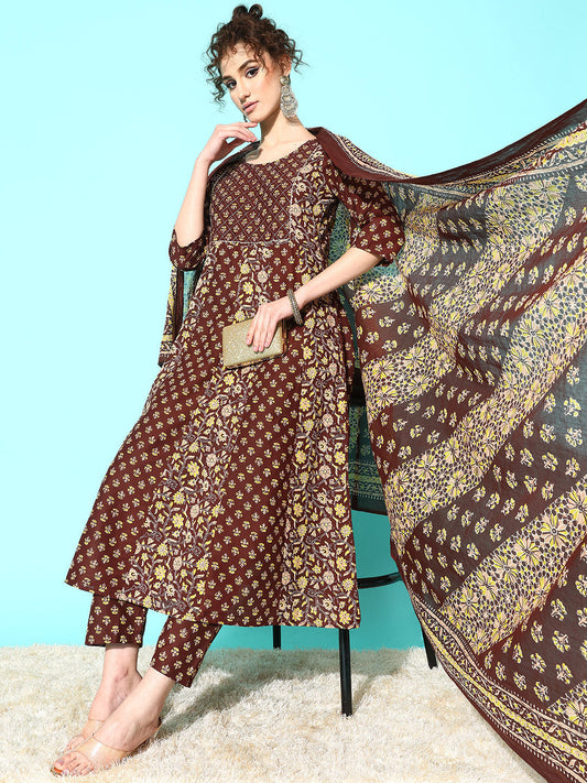 Women Brown Ethnic Printed Anarkali Kurta With Trouser And Dupatta | LASVINI - Redefining Indian Fashion with Elegance