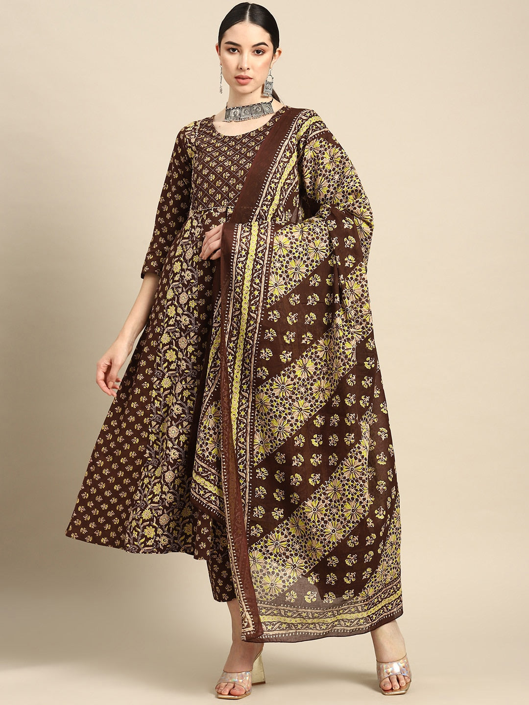 Women Brown Ethnic Printed Anarkali Kurta With Trouser And Dupatta | LASVINI - Redefining Indian Fashion with Elegance