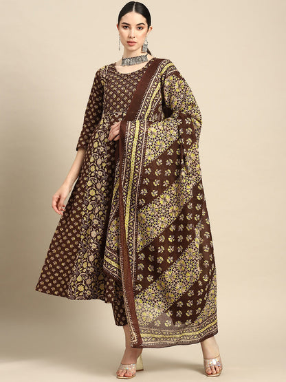Women Brown Ethnic Printed Anarkali Kurta With Trouser And Dupatta | LASVINI - Redefining Indian Fashion with Elegance