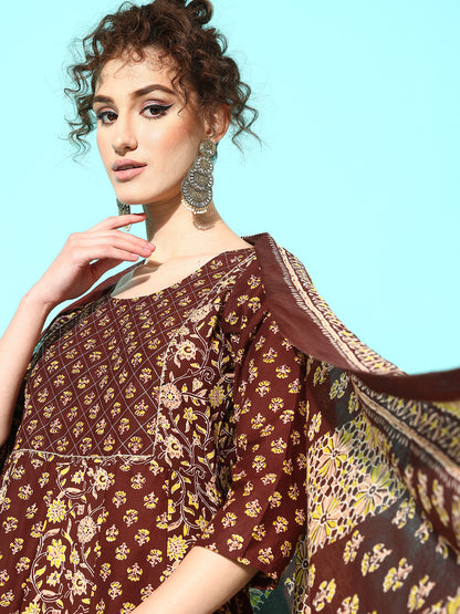 Women Brown Ethnic Printed Anarkali Kurta With Trouser And Dupatta | LASVINI - Redefining Indian Fashion with Elegance