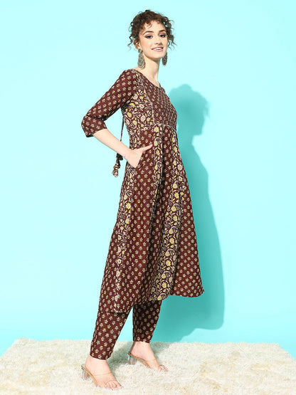 Women Brown Ethnic Printed Anarkali Kurta With Trouser And Dupatta | LASVINI - Redefining Indian Fashion with Elegance