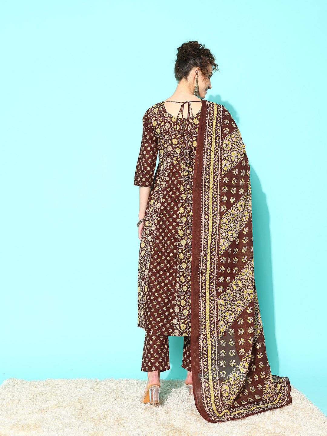 Women Brown Ethnic Printed Anarkali Kurta With Trouser And Dupatta | LASVINI - Redefining Indian Fashion with Elegance