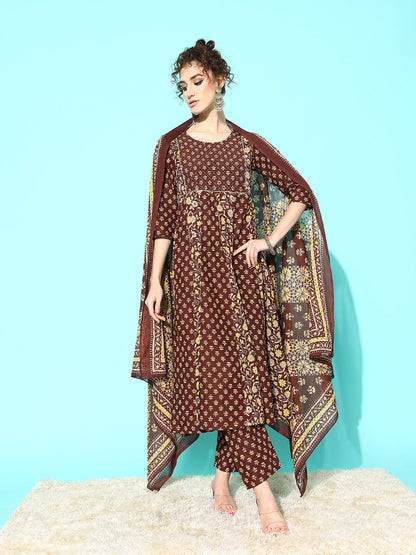 Women Brown Ethnic Printed Anarkali Kurta With Trouser And Dupatta | LASVINI - Redefining Indian Fashion with Elegance