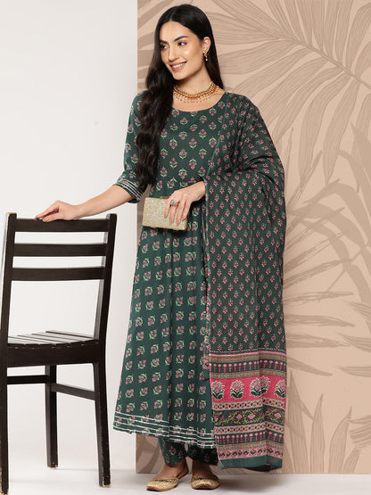 Women Green Ethnic Printed Anarkali Kurta With Trouser And Dupatta | LASVINI - Redefining Indian Fashion with Elegance