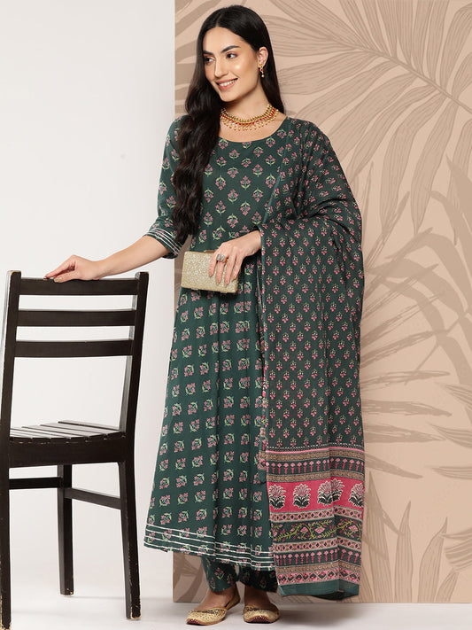Women Green Ethnic Printed Anarkali Kurta With Trouser And Dupatta | LASVINI - Redefining Indian Fashion with Elegance