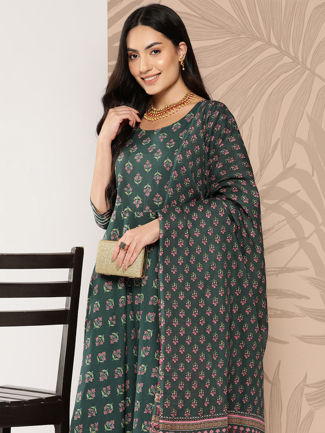 Women Green Ethnic Printed Anarkali Kurta With Trouser And Dupatta | LASVINI - Redefining Indian Fashion with Elegance