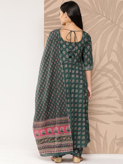 Women Green Ethnic Printed Anarkali Kurta With Trouser And Dupatta | LASVINI - Redefining Indian Fashion with Elegance