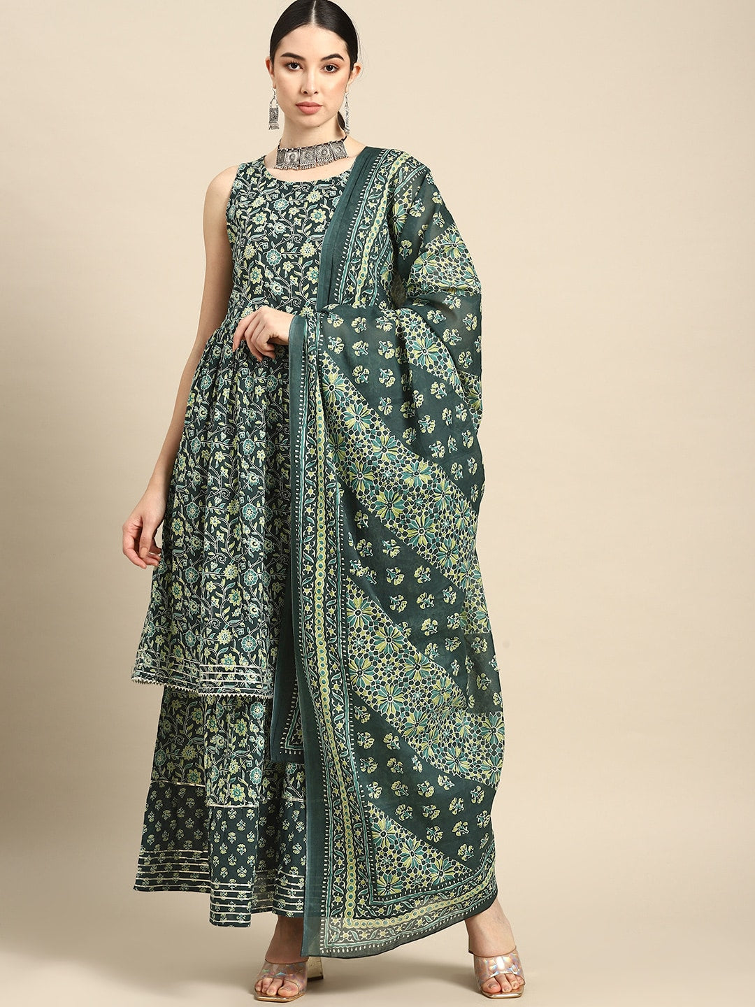 Women Green Floral Printed Kurta With Sharara And Dupatta | LASVINI - Redefining Indian Fashion with Elegance