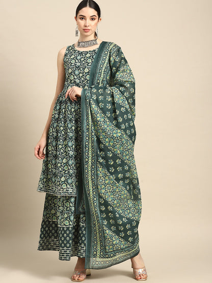 Women Green Floral Printed Kurta With Sharara And Dupatta | LASVINI - Redefining Indian Fashion with Elegance