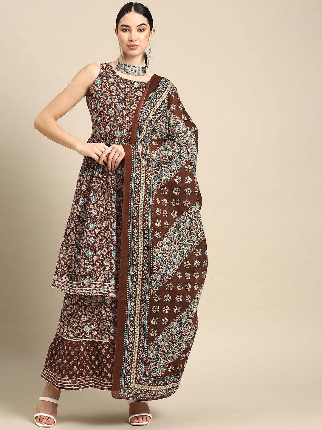 Women Brown Floral Printed Anarkali Kurta With Sharara And Dupatta | LASVINI - Redefining Indian Fashion with Elegance