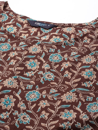 Women Brown Floral Printed Anarkali Kurta With Sharara And Dupatta | LASVINI - Redefining Indian Fashion with Elegance